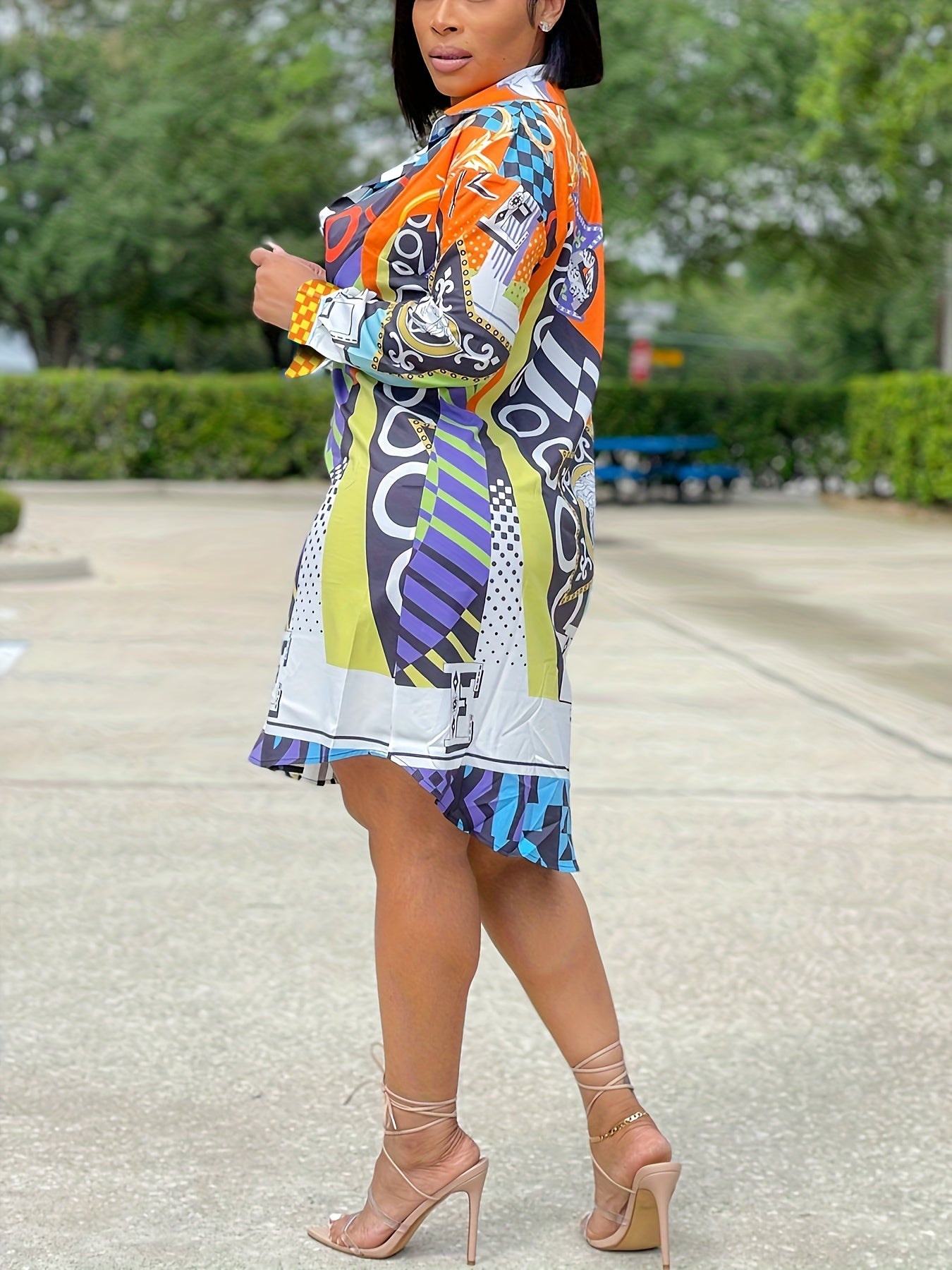 Casual Color Block Print Lapel Collar Shirt Dress, Polyester Elastane Blend, Button Details, Patchwork Pattern, All Season, Women'S Clothing